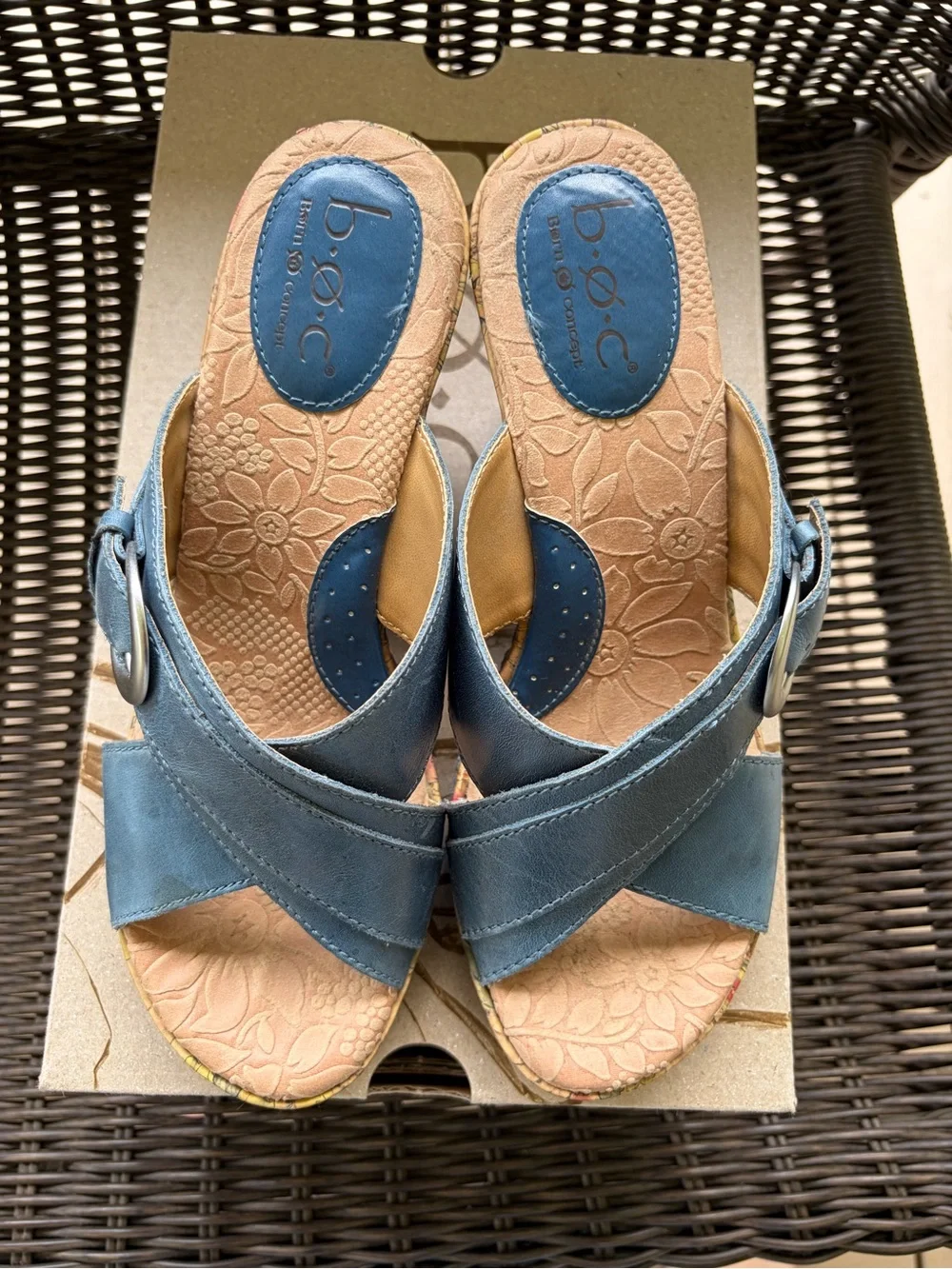 Born BOC Blue Leather Crisscross Slide Sandals for Women